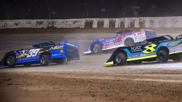 Tim McCreadie leads Hudson O'Neal and Kyle Strickler to victory on June 8, 2023 in a preliminary feature for the Dream at Eldora Speedway. (Josh James photo)