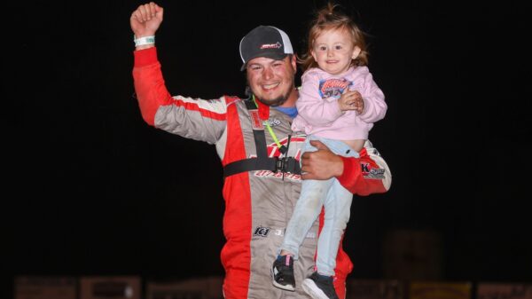 DIRTcar Pro Late Model driver Jose Parga posing in Victory Lane at Lincoln Speedway