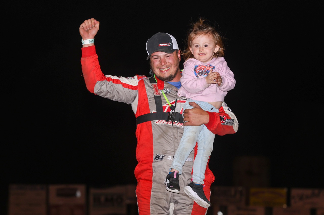 DIRTcar Pro Late Model driver Jose Parga posing in Victory Lane at Lincoln Speedway