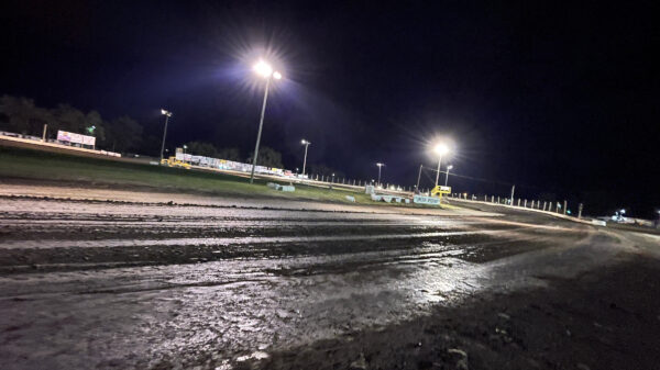 A dark Lincoln Speedway sits quiet after hosting the DIRTcar Fall Nationals motorsports event in Lincoln, Illinois