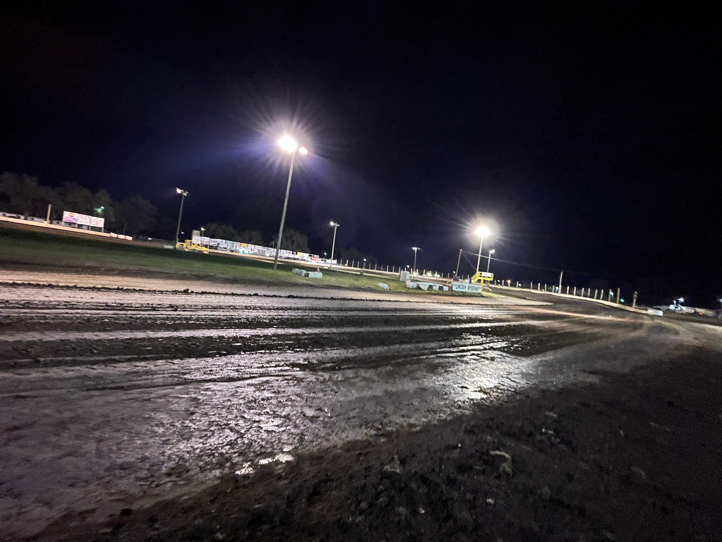 A dark Lincoln Speedway sits quiet after hosting the DIRTcar Fall Nationals motorsports event in Lincoln, Illinois