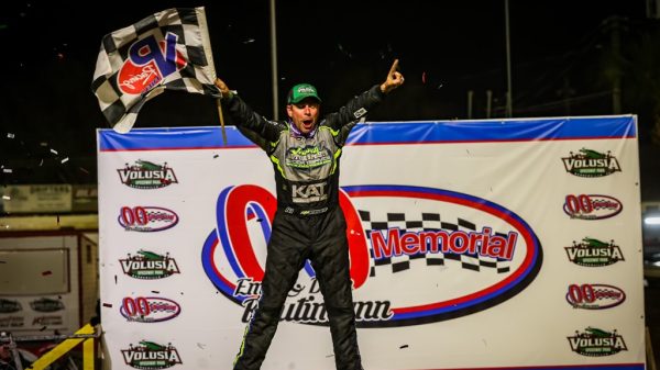 DIRTcar UMP Modified driver Kyle Strickler celebrates in Victory Lane after winning the 11th annual Emil & Dale Reutimann Memorial at Volusia Speedway Park