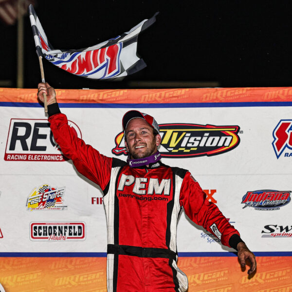 DIRTcar UMP Modified driver Michael Long celebrating in Victory Lane